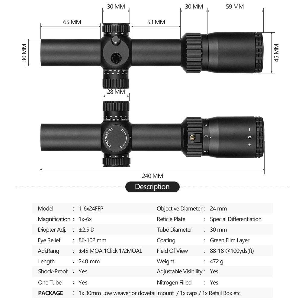 Spina Optics HD 1-6X24 IR Hunting Scope Tactical Compact Riflescope Outdoor Long Range Optic Sights First Focal Plane Ffp Sight